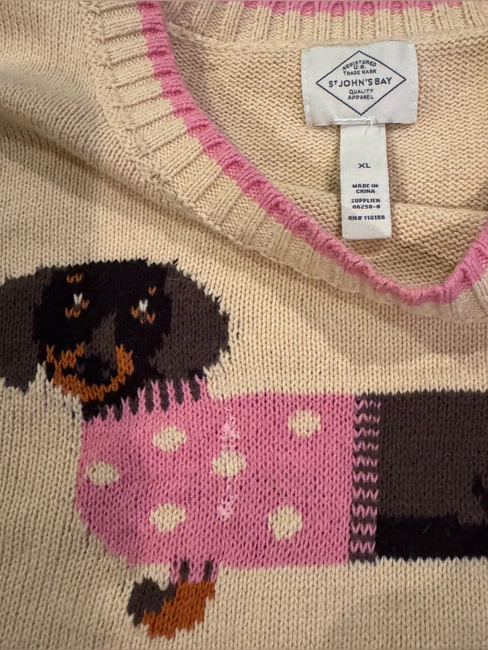 St. John’s Bay Dachshund Wiener Dog Sweater XL Pink Novelty Cotton Knit